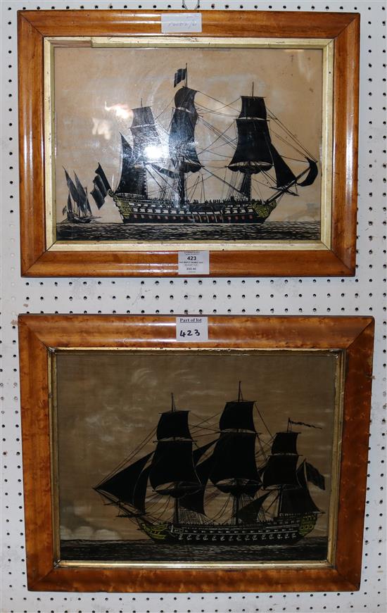 Pair maple framed ship silhouettes